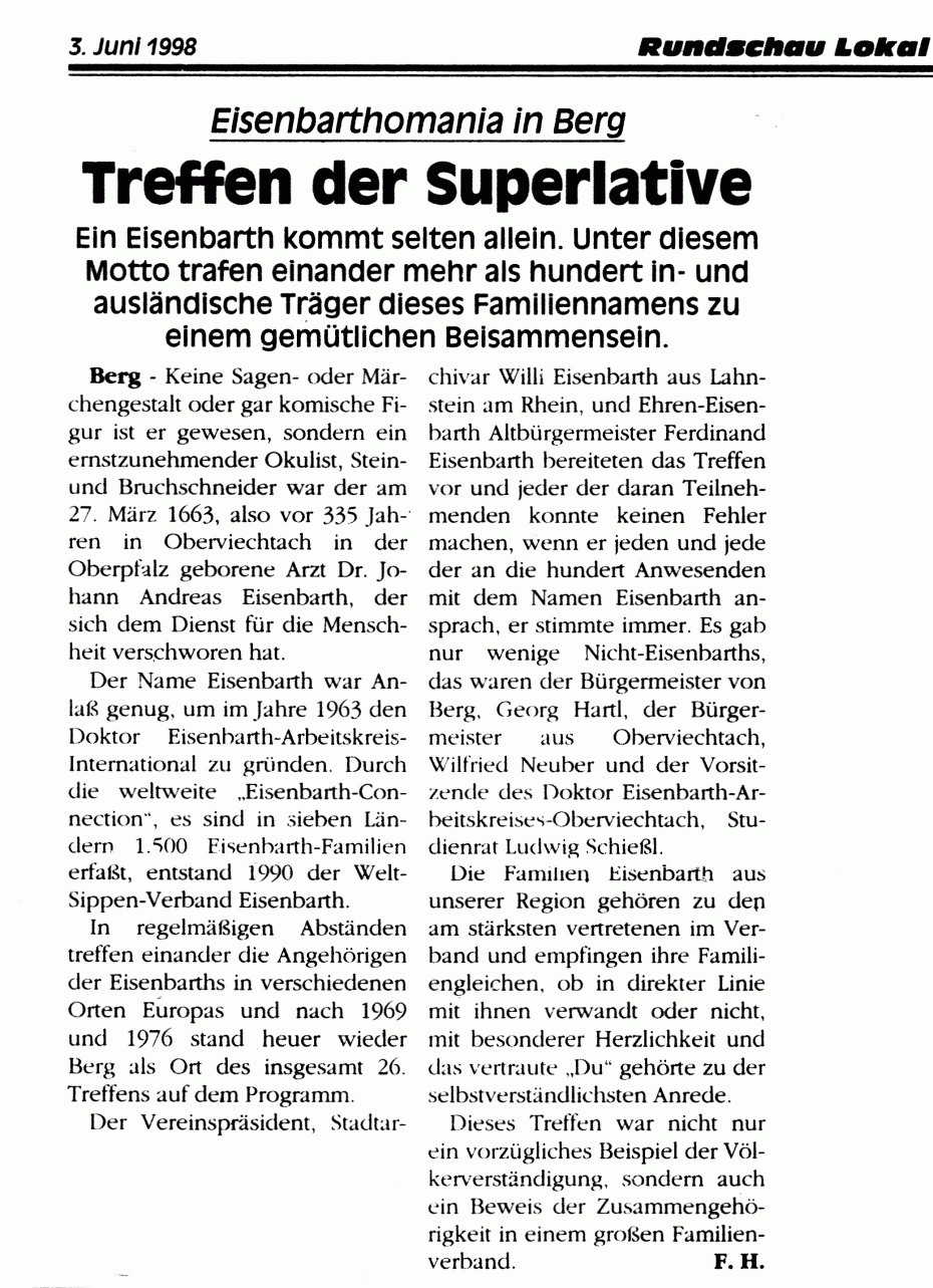 Mein Vater schwärmte schon von den Treffen in Berg. Viele Familien im Ort machen das Treffen zu einem richtigen Eisenbarth Familien Treffen.