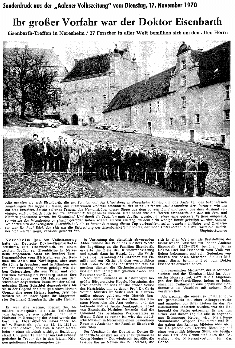 Das ist mein ältester Zeitungsartikel über ein Eisenbart Treffen, schon 1970 war mein Vater dabei und auf dem Foto zu erkennen. Das Treffen fand hauptsächlich im Kloster mit tatkräftiger Unterstützung des Priors statt. Mein Vater war von dem Kloster so beeindruckt, dass er er, wie ich später aus seinen Unterlagen ersehen konnte, die Renovierung unterstützte. Die Härtsfeldhalle gab es zu diesm Zeitpunkt noch nicht.